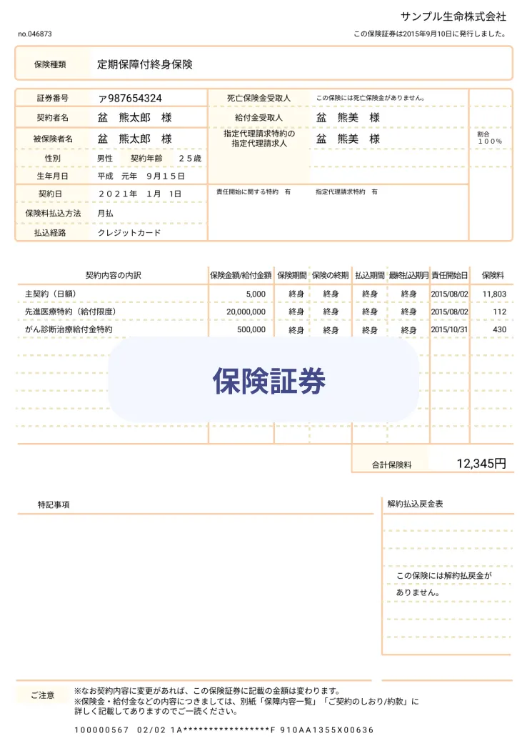 保険書類の例1:紙の保険証券